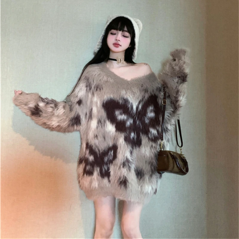 Lazy Style Mink Fur Butterfly V-neck Sweater Women 2024 Autumn Long Sleeved Loose Oversize Knitted Pullover Retro Flurry Jumpers