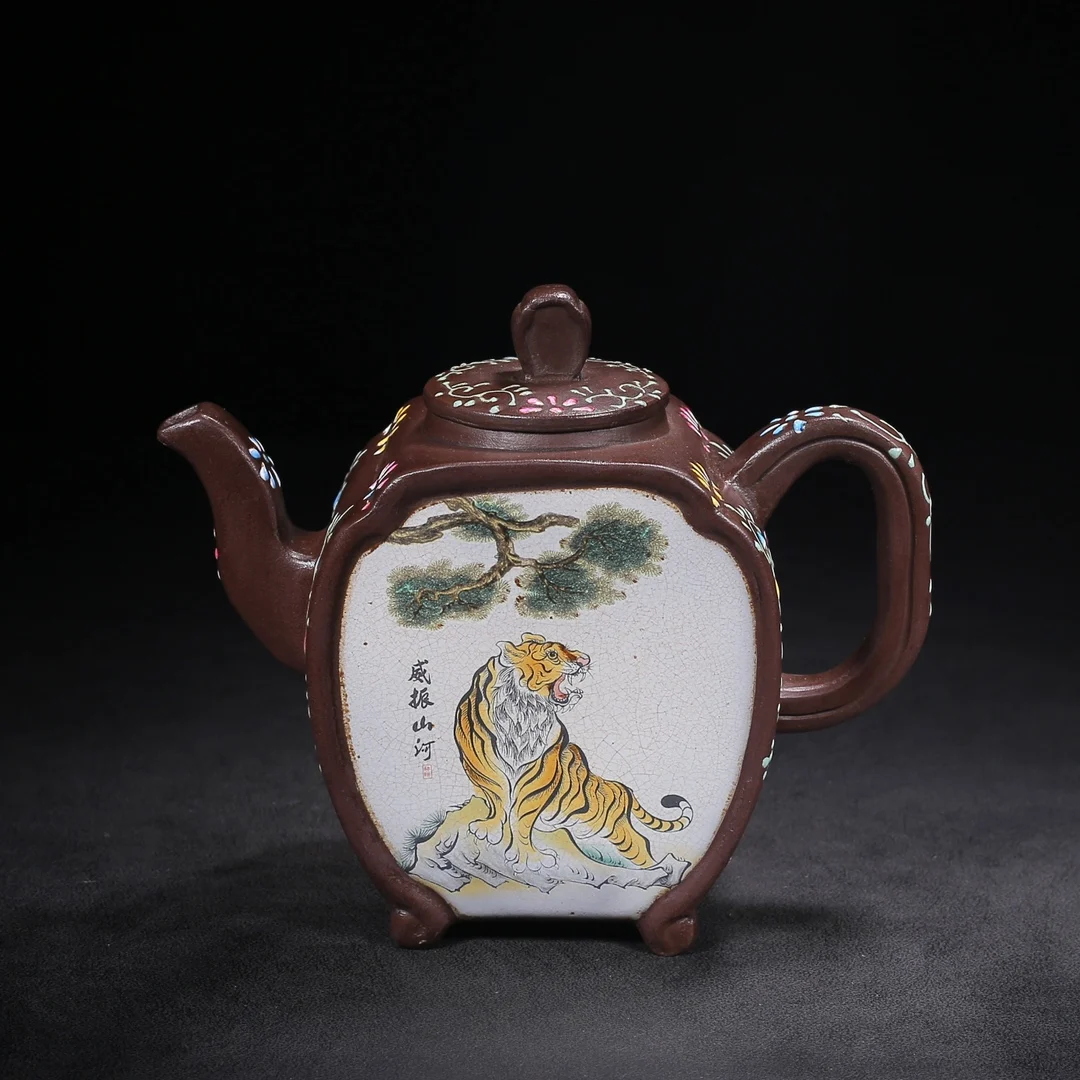 Old Chinese Handicraft Enameled YiXing Zisha (red stoneware) Teapot,colour Tiger,with mark, Free shipping