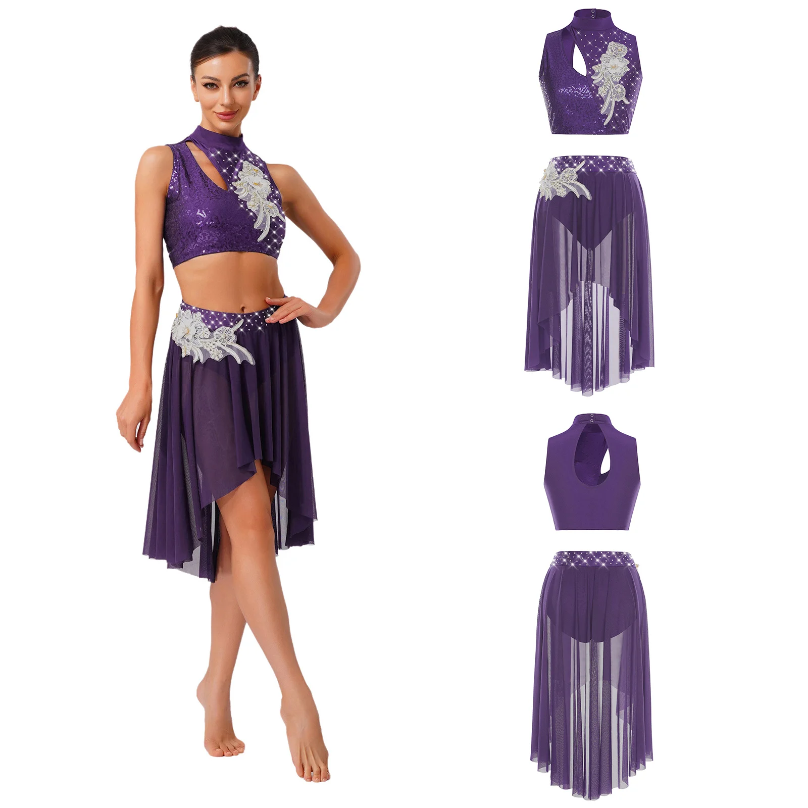 

2Pcs Womens Lyrical Dance Costume Embroidery Applique Sleeveless Hollow Out Crop Top with Mesh Hem Briefs Skirt Set Dancewear