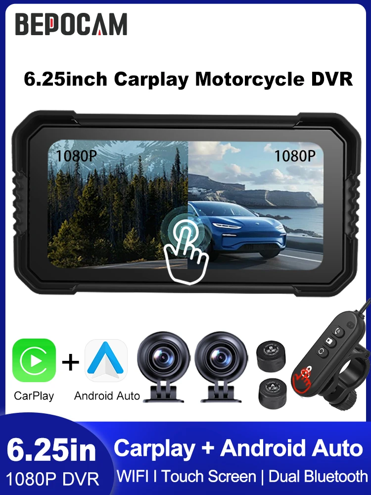 BEPOCAM 6,25" Tragbare Motorrad DVR Touch Display GPS Navigation IPX7 Wasserdichte Drahtlose CarPlay Android Auto Fernbedienung