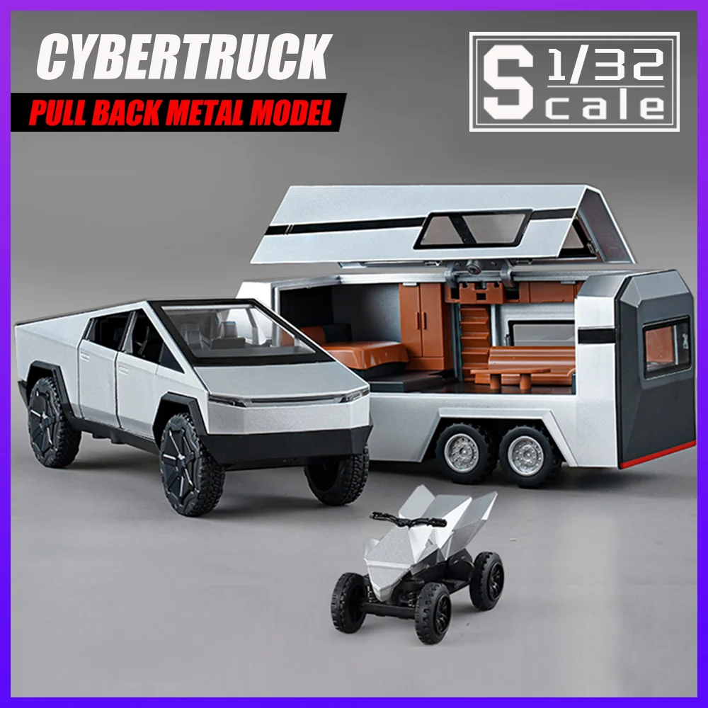 Hot  Toys Tesla Cybertruck Pickup Rv Trailer With Motorcycle Diecast Metal Model Toy Vehicle Sound  Light  Kids Boys Collection