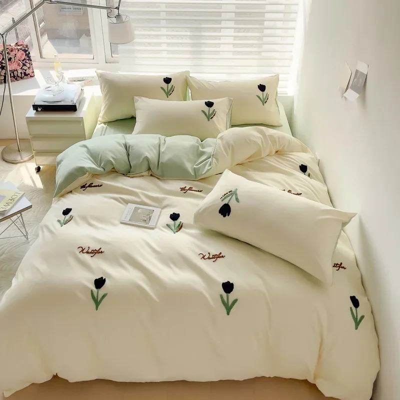 Ins Embroidery  Bed Linen Twin Full Queen King Size  Bed Sheets Set  Adults Kids Floral Bed Flat Sheet Pillowcase Christmas Gif