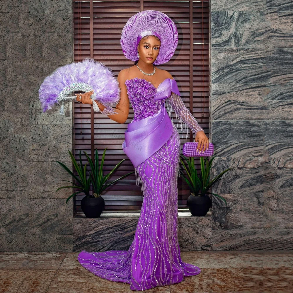 

Customized Flowers Purple Evening Dresses Tassel Crystal Mermaid Luxuries Party Gowns Illusion Sleeve African Party Prom Gowns