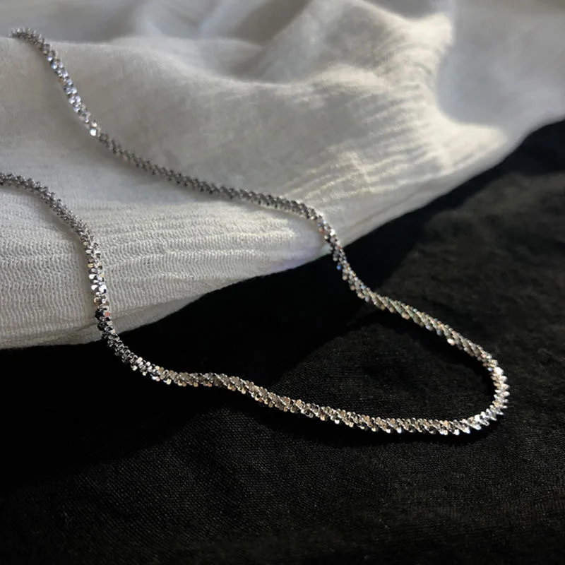Modern Minimalist Slub Chain Necklace for Women Featuring Geometric Wave Point Design in Silver Gold or Dark Blue Tone Lightweig
