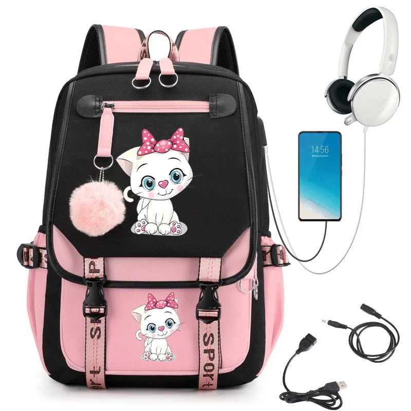 

Students Backpack School Bag Back Pack Teenager Schoolbag Cartoon Cat Girls Backpack Canvas Usb Charging Cute Kitten Bagpack