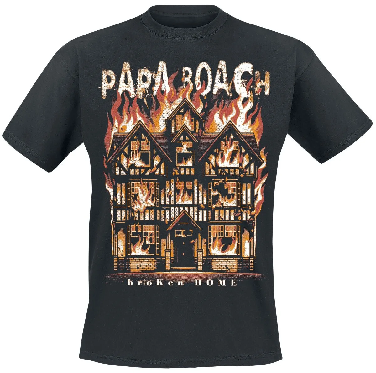 Papa Roach Broken Home Tee, Official Nu Metal Band Shirt with Burning House Print, 2000s Rock Fan Merch