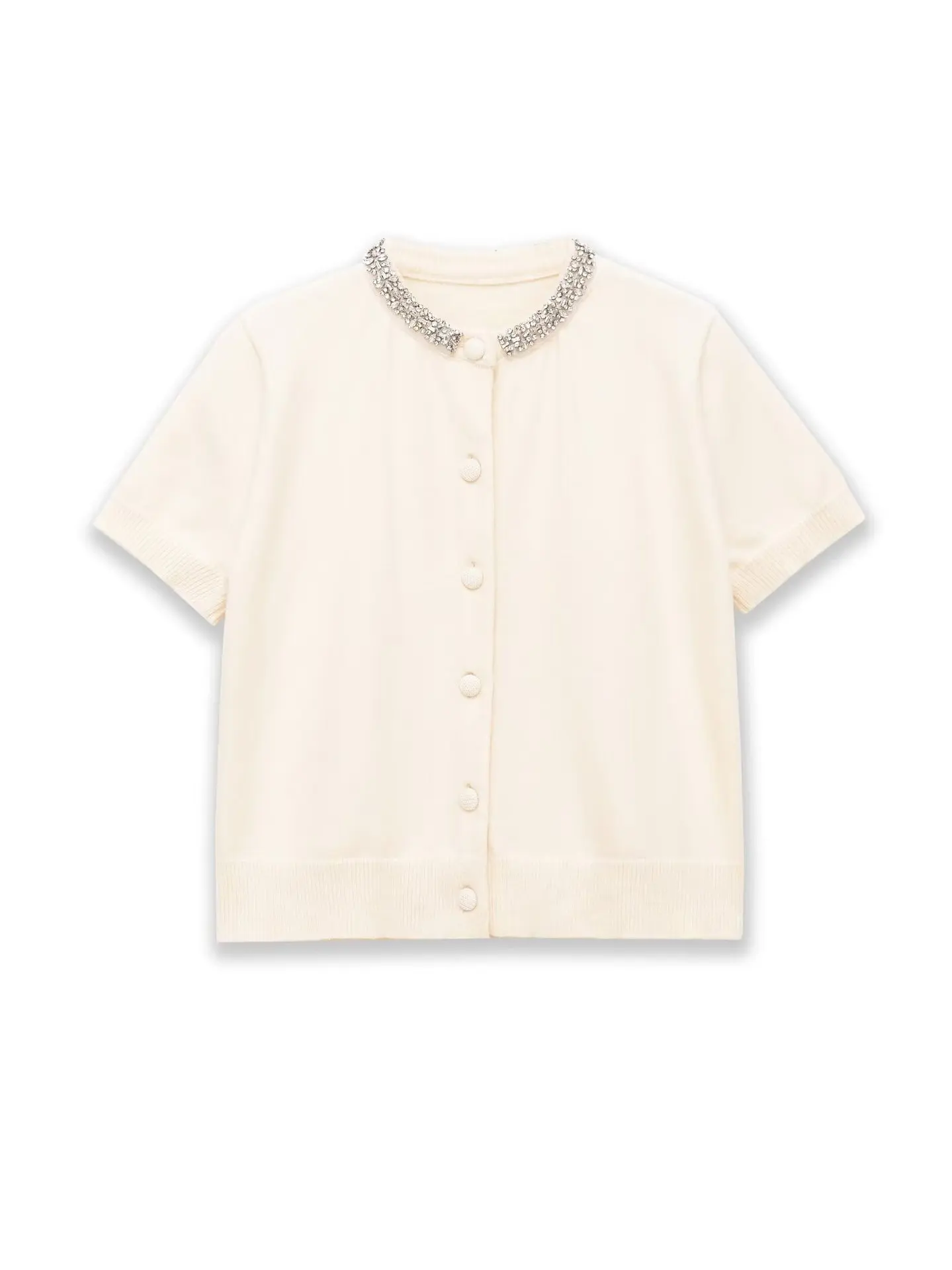 

Женский вязаный кардиган-жакет с круглым вырезом, коротким рукавом и декоративным воротником, новинка весна-лето 2026, приталенный крой