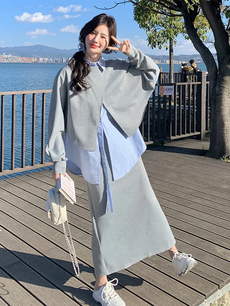 

Повседневный корейский свитшот Sle irt, юбка, комплект футболок, женская модная осенне-весенняя коллекция, универсальный комплект для поездок на работу...