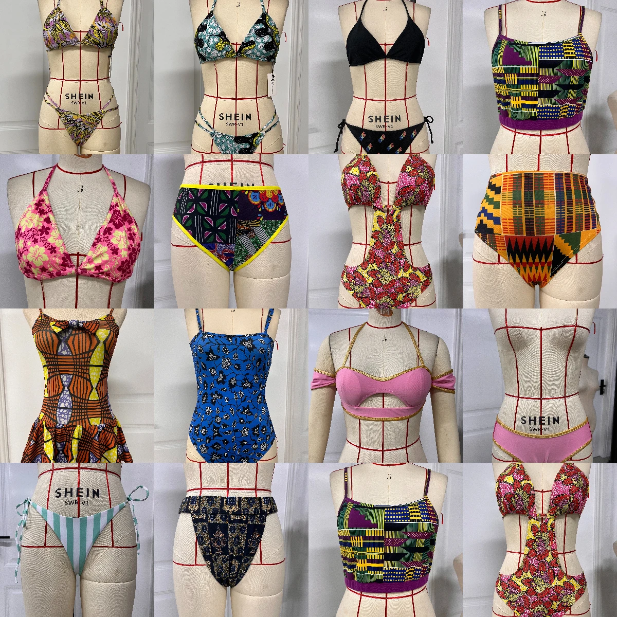 

Образец африканской одежды. Распродажа на складе. Женский купальник и плавки с красочным принтом.