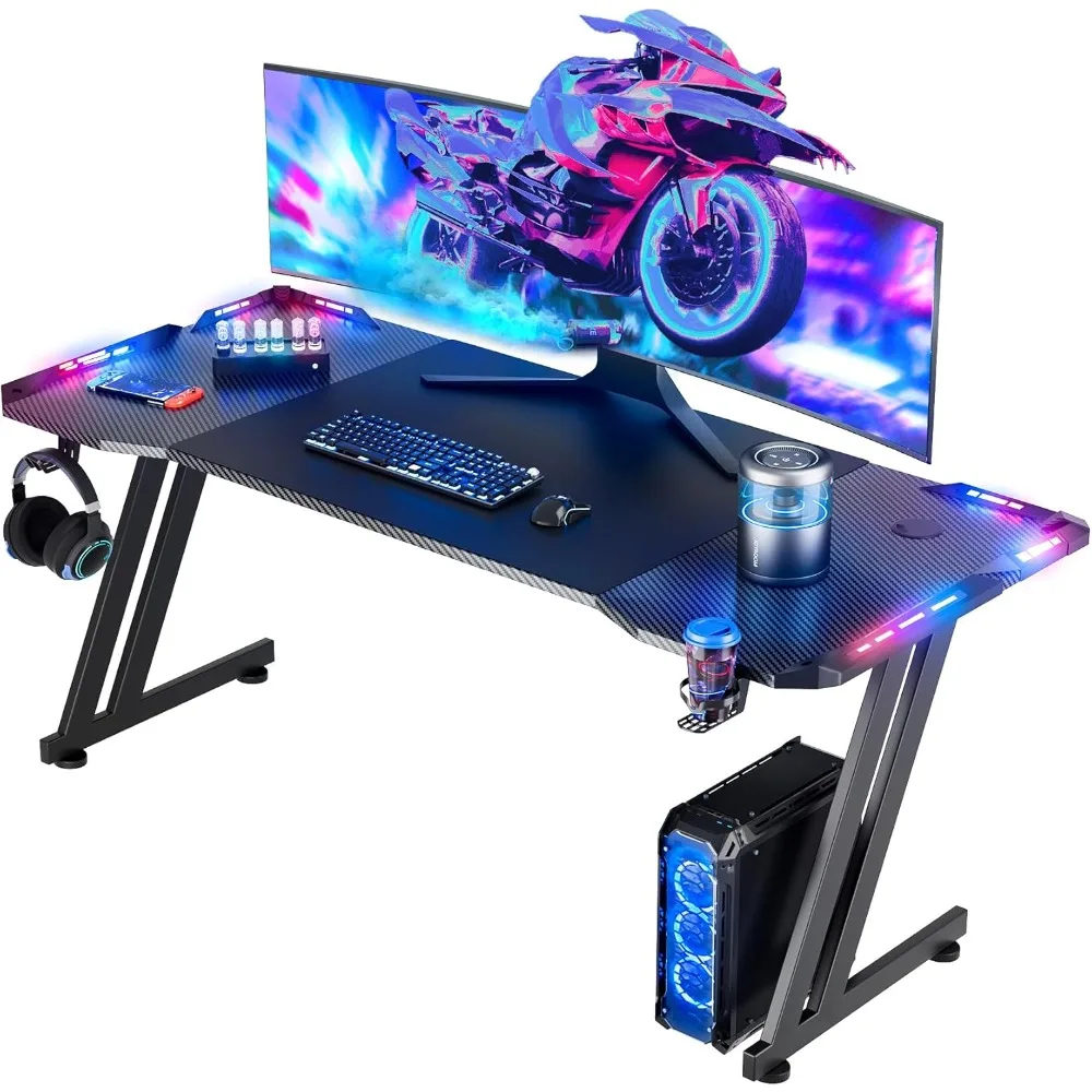 

Gaming Desk with LED Lights Carbon Fibre Surface Gaming Table Large Computer Desk Ergonomic Home Office Desks