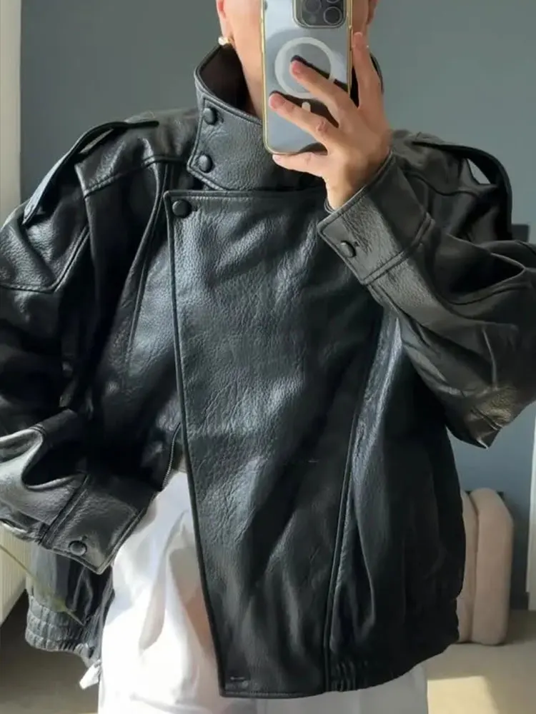 HH Street Fashion Giacca in pelle asimmetrica per donna maniche lunghe cerniera con tasche dolcevita cappotti larghi retrò autunnali