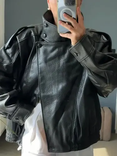 Imagen 2 del producto HH Street Fashion Chaqueta de cuero asimétrica para mujer, manga larga, cremallera con bolsillos, cuello alto, abrigos sueltos Retro de otoño