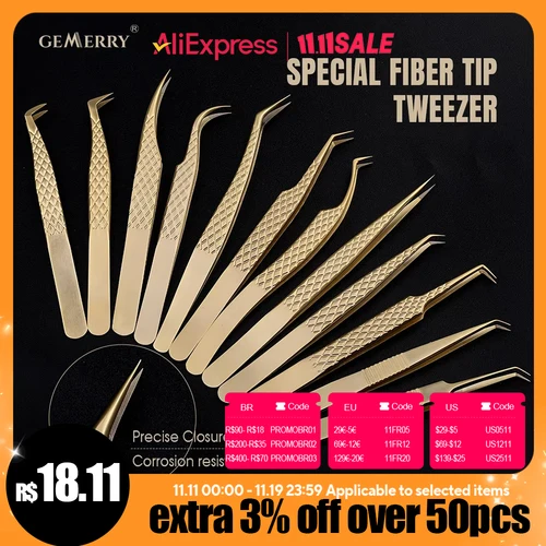 Pinzas de extensión de pestañas con puntas de fibra, pinzas doradas de acero inoxidable de alta precisión para ventiladores de volumen, herramientas de maquillaje, 1 Uds.