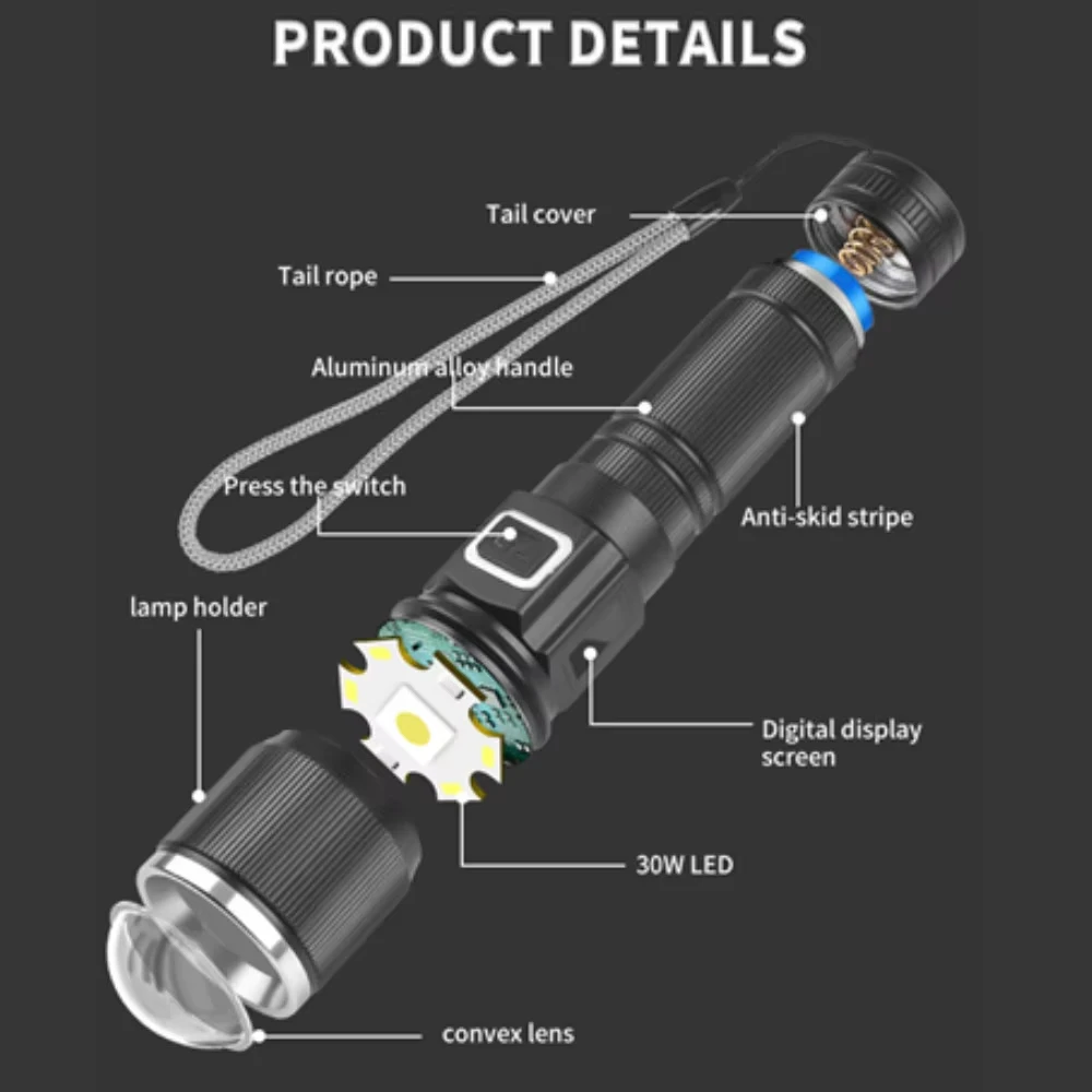30W High-Power LED Tactical Flashlight with LCD Power Display Zoom Aluminum Alloy Rechargeable Emergency Torch Spotlight