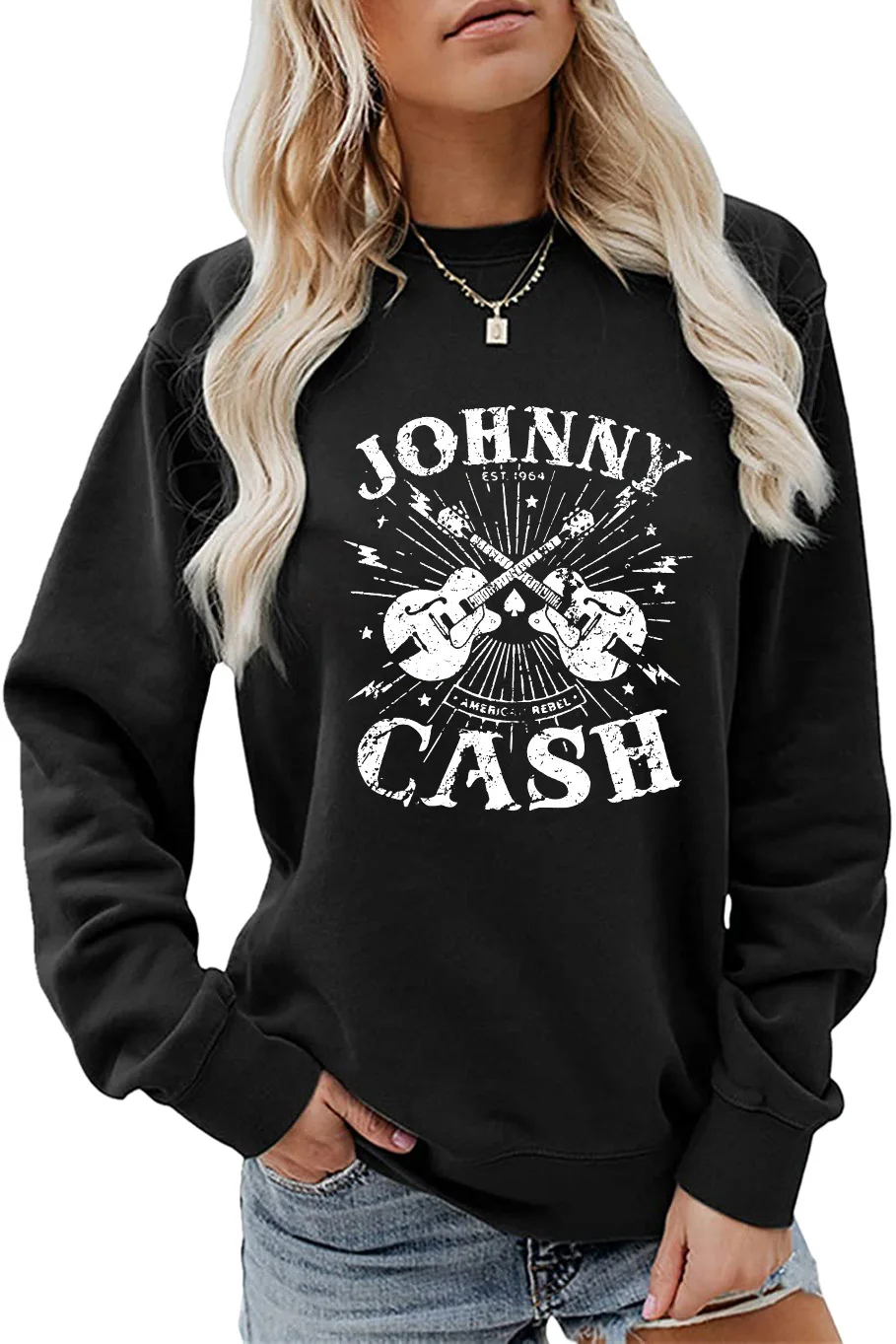 Women\'s Long-sleeved JOHNNY CASH Guitar Sweatshirt Aesthetic Hoodies Women Streetwear Women