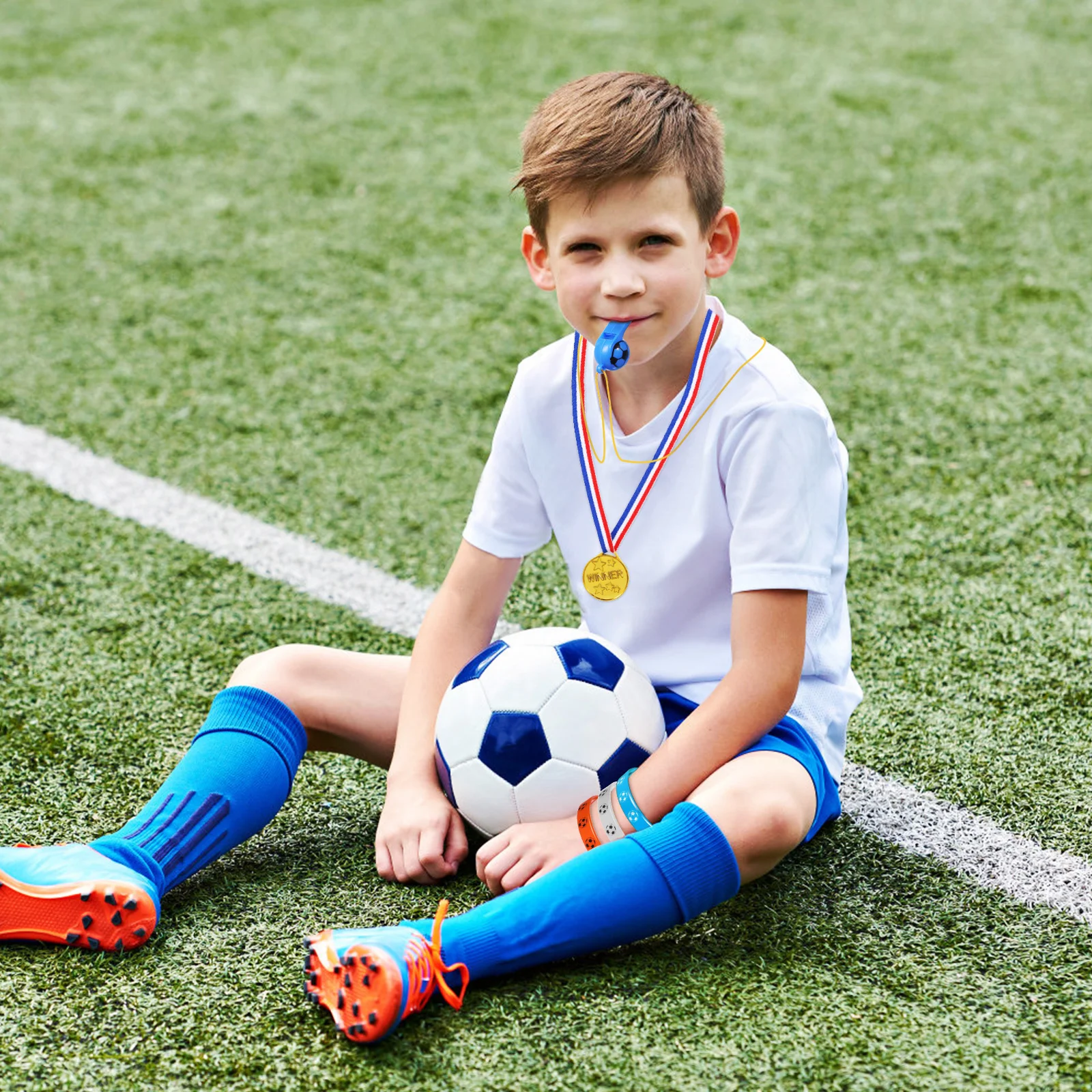 

1Set Soccer Theme Party Decorations Assorted Goodie Bag Stuffes Featuring Ball Pendants Wristbands Medals Stickers for Fans