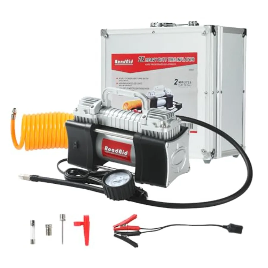 

12V Portable Air Compressor with Double Cylinders for Car SUV Motorcycle Bicycle 150PSI Luxury Aluminum Box Battery Cla