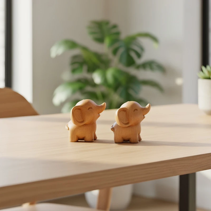 2Pcs Cute Handmad Wooden Elephant Figurines Adorable Tabletop Ornament for Living Room Bedroom Office Desk Festival Gifts