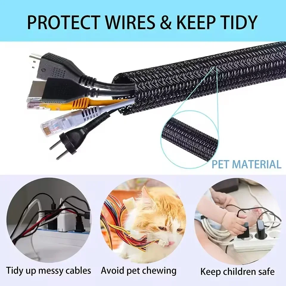 1-5M Self Closing Cable Protector Sleeve PET Braided Expandable Auto Line Management Flexible Loom Split Pipe Tube Protector