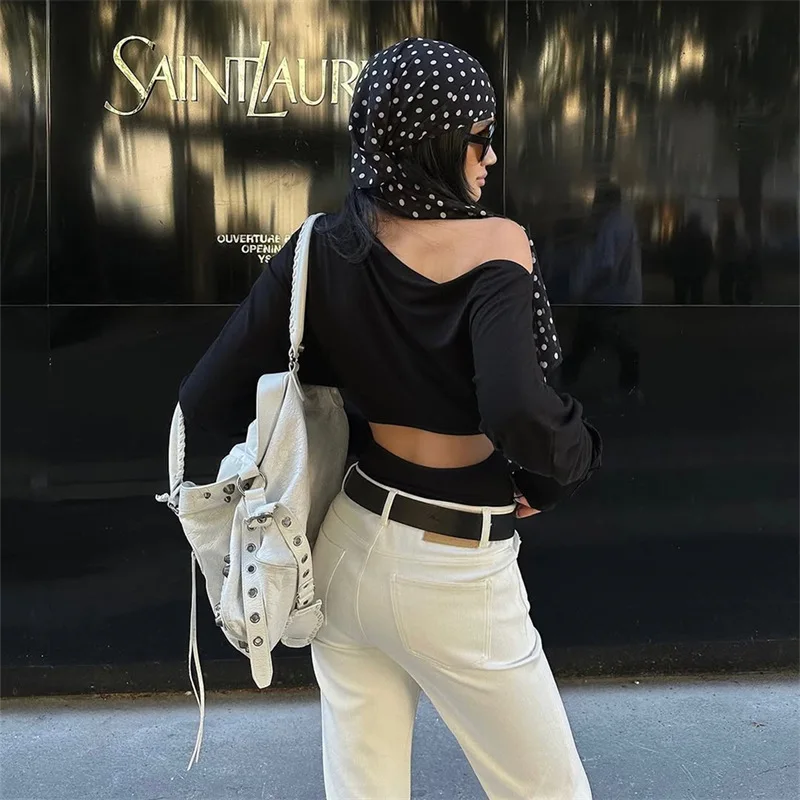2026 Women’s One Shoulder Top Long Sleeve T Shirts Asymmetrical Ruched Off Shoulder Cinched Waist Tees Slim Going Out Blouse view 6
