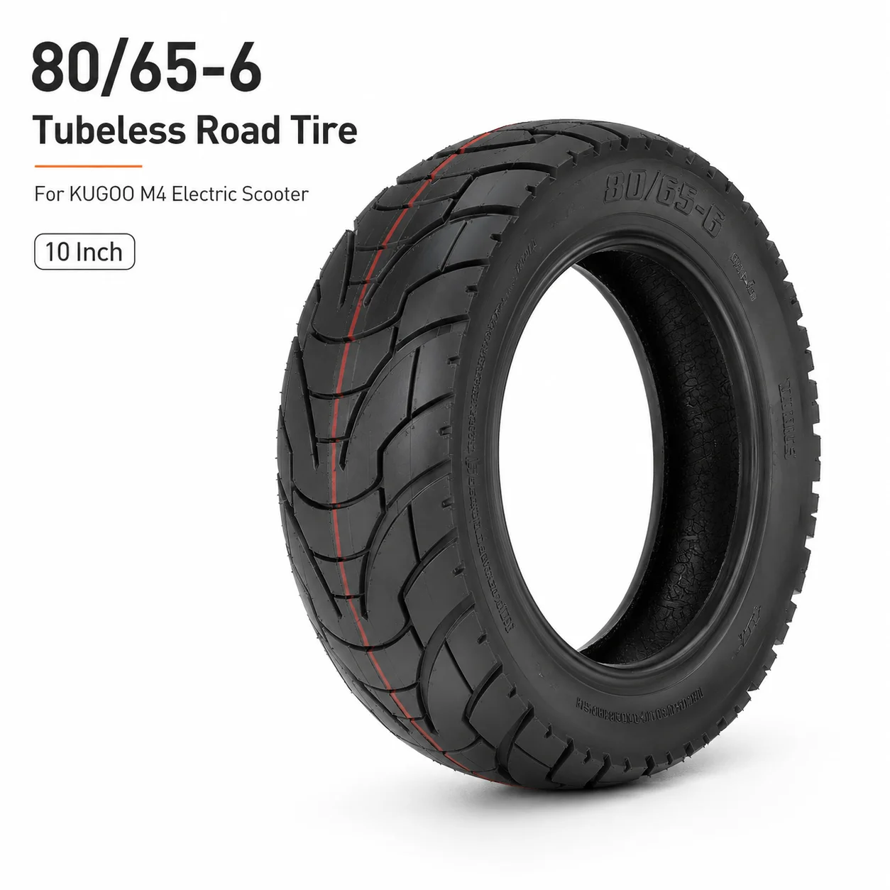 10 Inch 80/65-6 Tubeless Tire for KUGOO M4 Electric Scooter, Road Vacuum Outer Tyre with Valve Stem Replacement Part