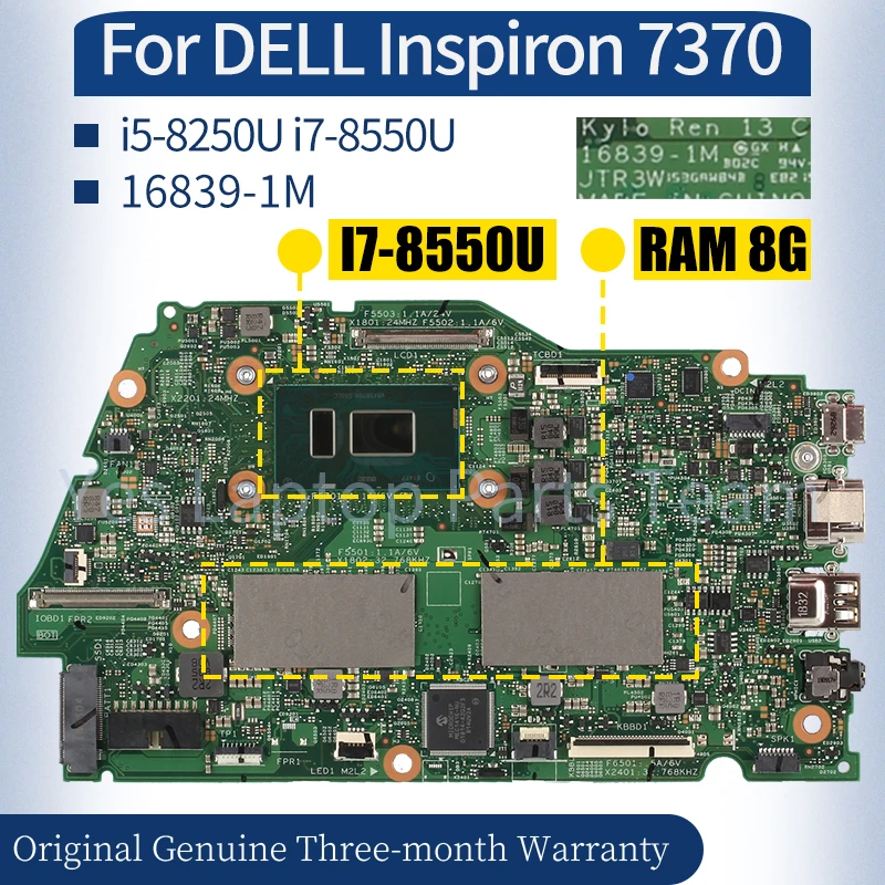 

16839-1M For DELL Inspiron 7370 Laptop Mainboard 02CVR0 0C2G64 085H0R i5-8250U i7-8550U Notebook Motherboard