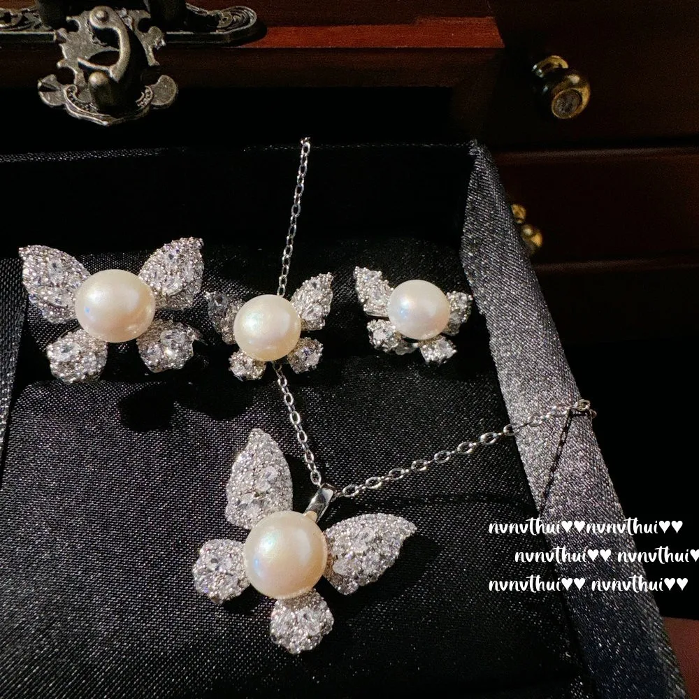 4pcs/set Temperament Freshwater Pearl Vintage Butterfly Jewelry Sets Full of CZ Elegant Resizable Ring Earring Necklace Chain