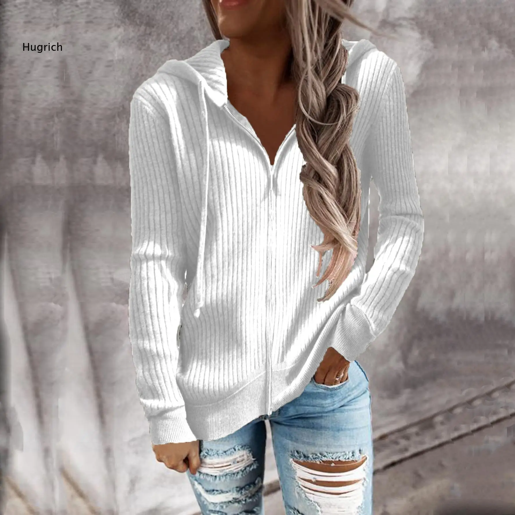 Relaxed Ribbed Knit Zip Hoodie Jacket For Women Long Sleeve Drawstring Hooded Cardigan Top For Multiple Daily Occasions