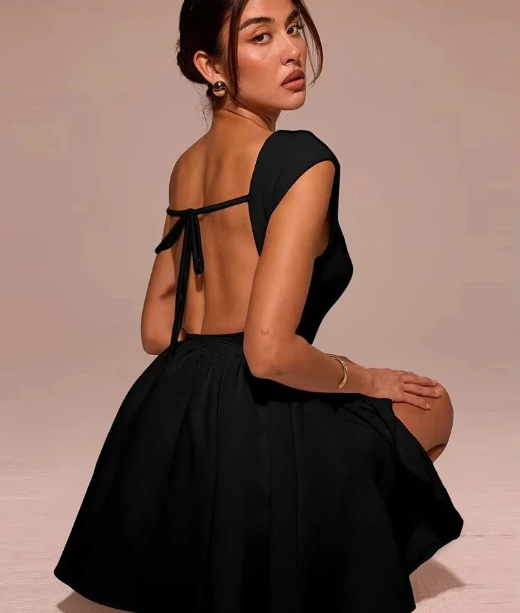 

Backless Lace-Up Dress Women Sexy O-Neck Sleeveless Ruffles Hem Midnight Trend Banquet Elegant Stretch Mini Bodycon