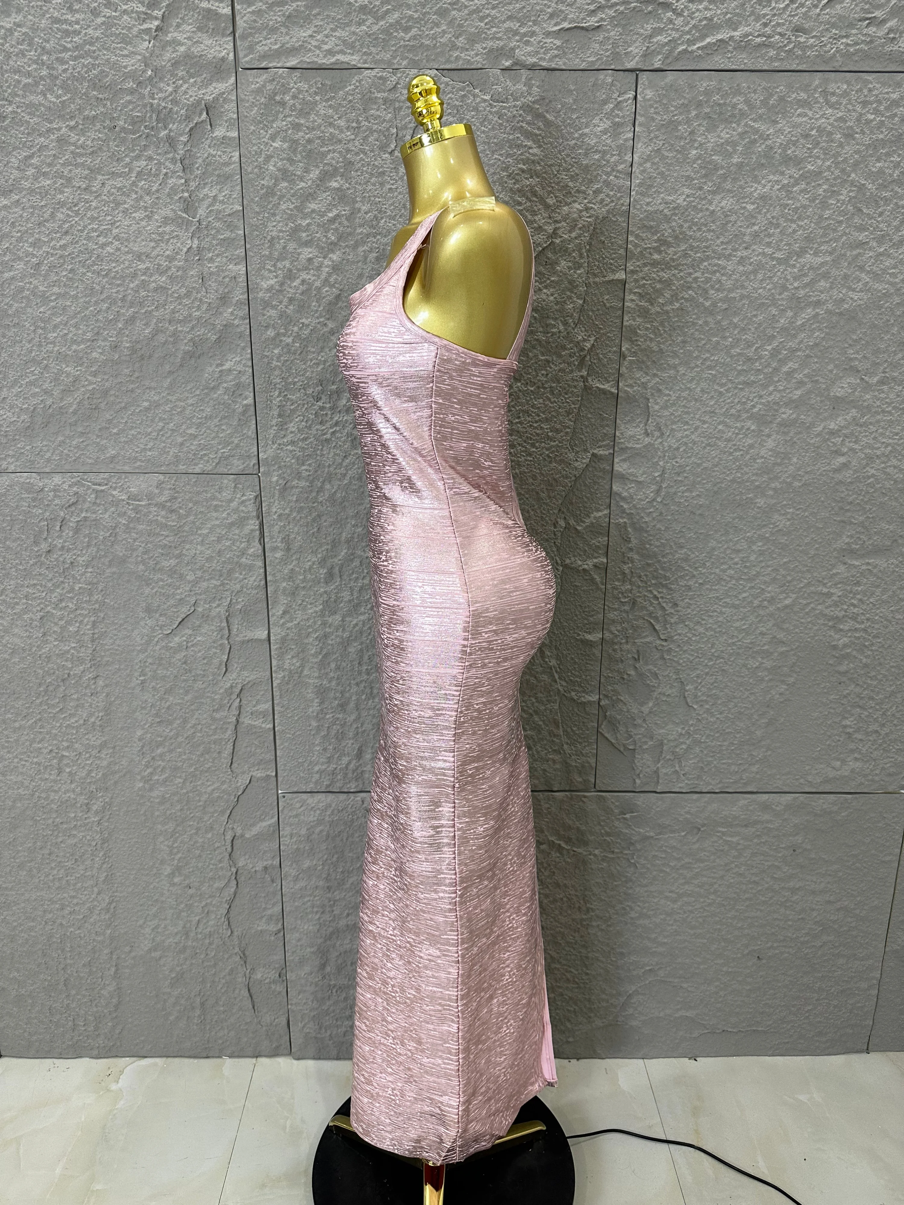 

Элегантное розовое макси-платье с квадратным вырезом для женщин, сексуальное, без рукавов, с металлическим блеском, облегающее, бандажное, для коктейльных вечеринок