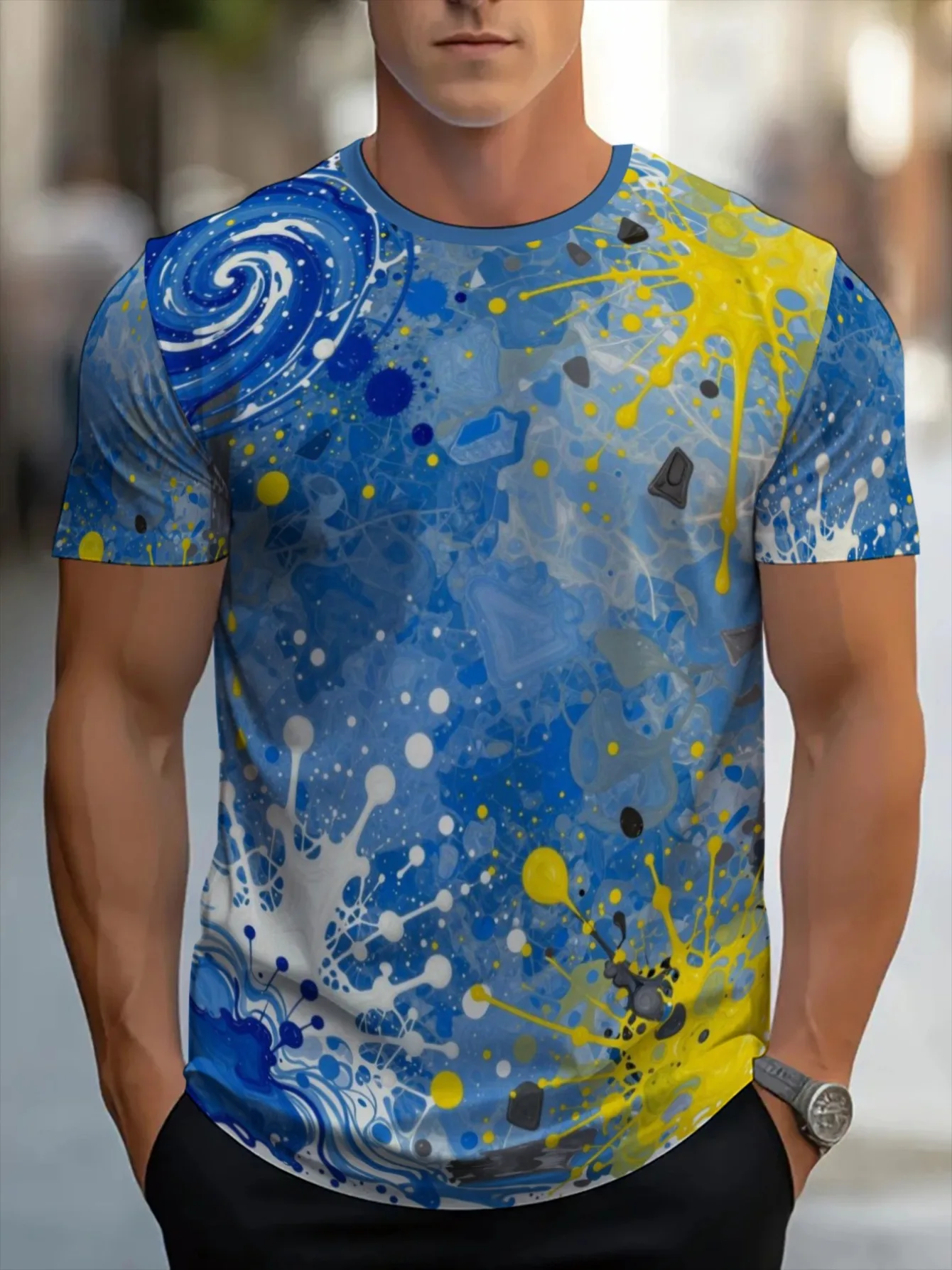 Men Blue Yellow Paint Splash Swirl Print Crew Neck Short Sleeve Tee