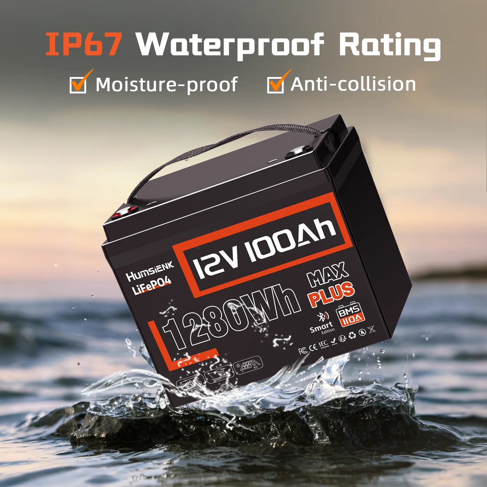 Humsienk 12V 100AH LiFePO4 batería de litio 1280Wh con Bluetooth/2 años de garantía/UL1973/GP24 para inversor, RV, campamento, carrito de golf, barco