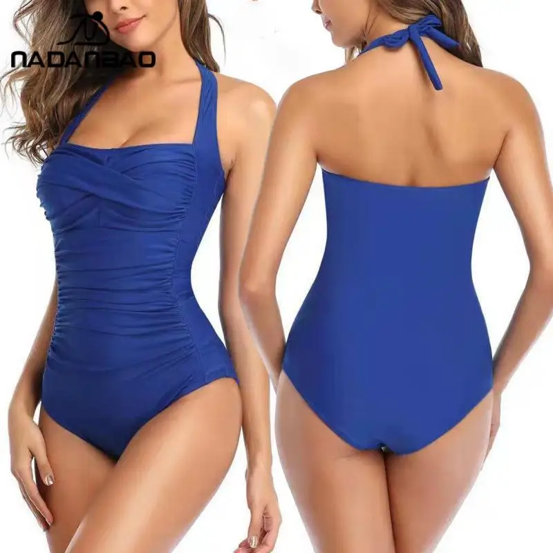 

Nadanbao Sexy Multi-Color Solid Color Bikini Backless Pleated Women's Swimwear Retro Halter One-Piece Swimsuit Summer Beachwear