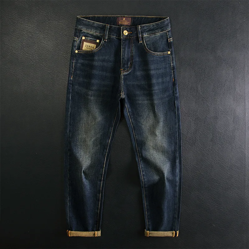 

High end retro washed denim jeans for men's autumn and winter casual slim fit elastic small straight leg fashionable pants
