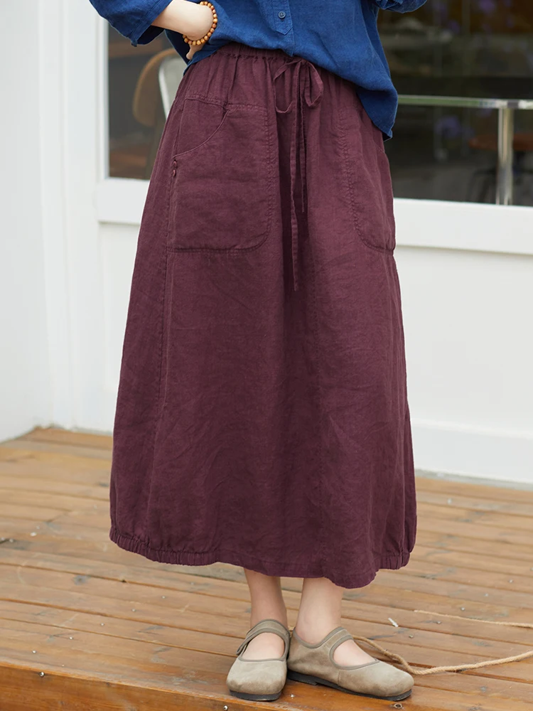 

Wanheng N833 Mid-Length A-Line Skirt Dry Cleaned Linen Casual Sle Mid-Waist Elastic Waist Pencil Skirt for Commuting