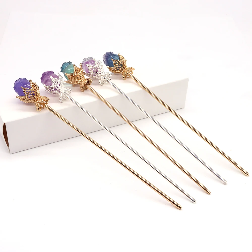 Exquisite Rose Vintage Hair Sticks Hairwear Natural Fluorite Crystals Flower Carving Gem Hairpin Disk Hairsticks Headdress Gifts