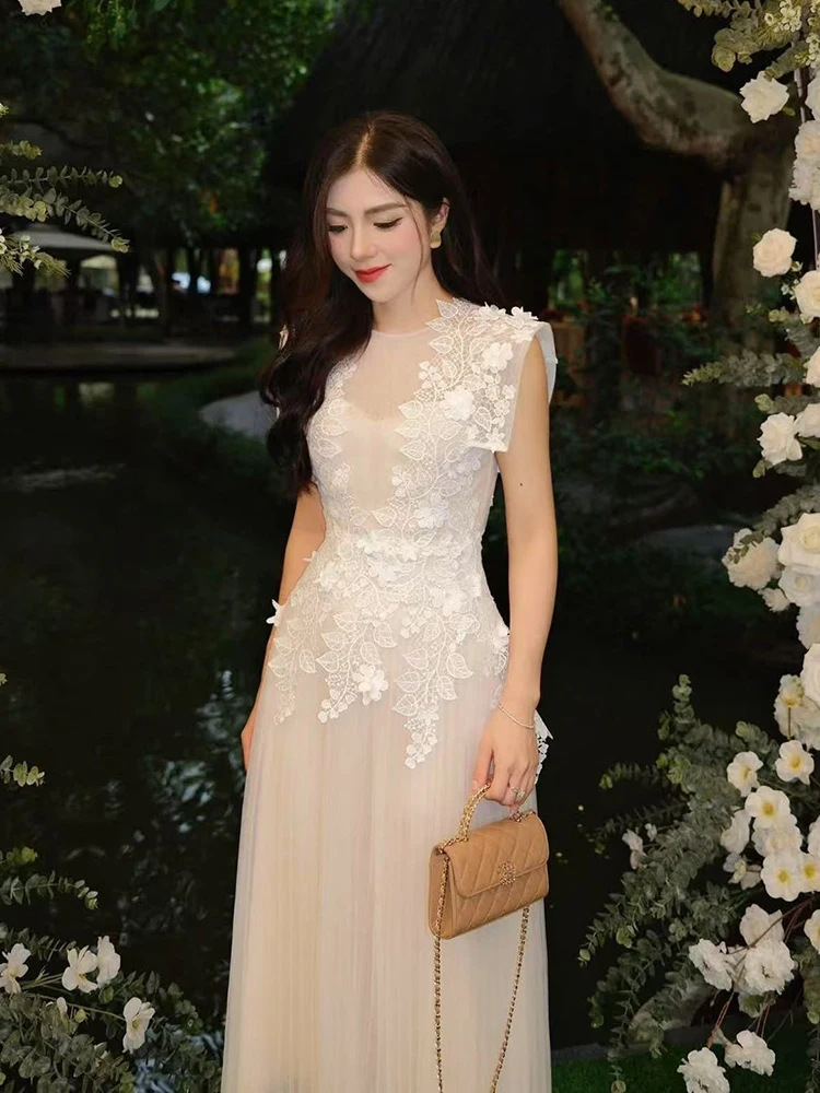 

Elegant Lace Slim Mesh Dresses Spring Women Sleeveless O Neck Long Dress Summer High Waist Casual Zipper Knee Length Dress