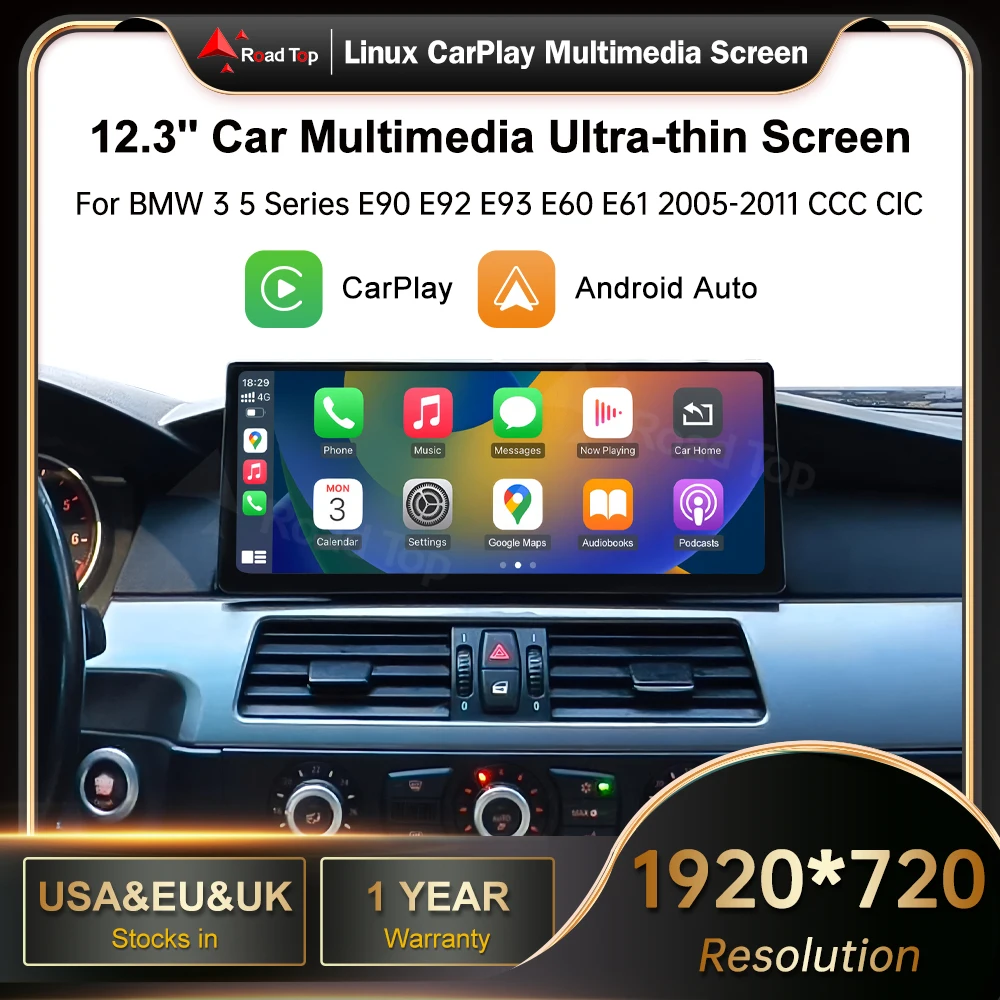 12.3 RoadTop Wireless CarPlay Android-Auto لسيارات BMW Series 3 5 E90 E91 E92 E93 E60 E61 CCC CIC شاشة رفيعة للغاية للوسائط المتعددة
