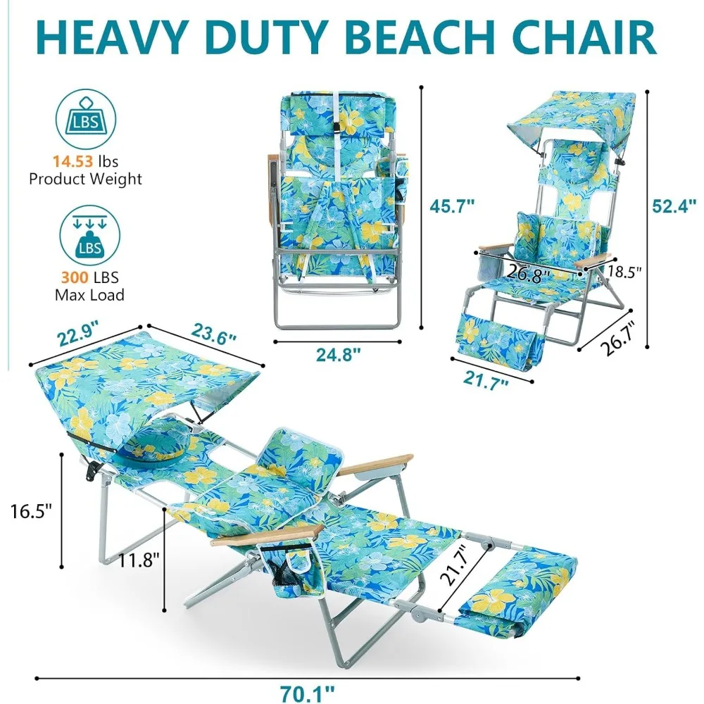 Lettino da spiaggia 4 in 1 con baldacchino, sedia abbronzante, fori per il viso e le braccia, cuscino lombare, braccioli in legno di faggio per un massimo rilassamento