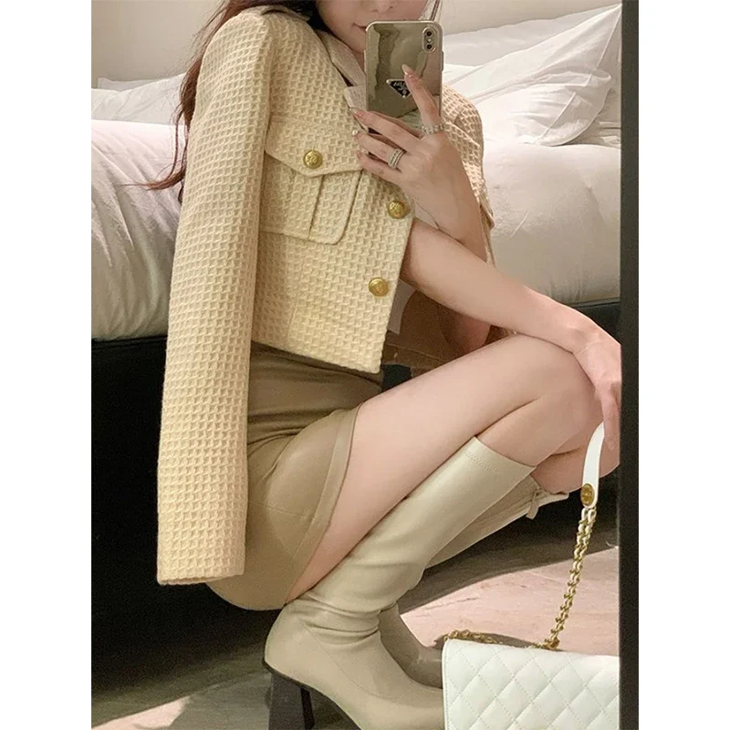 Cropped Jackets Women Elegant Basic Blazer Coats Office Lady Korean Autumn Long Sleeve Slim Simple All Match Outwear New