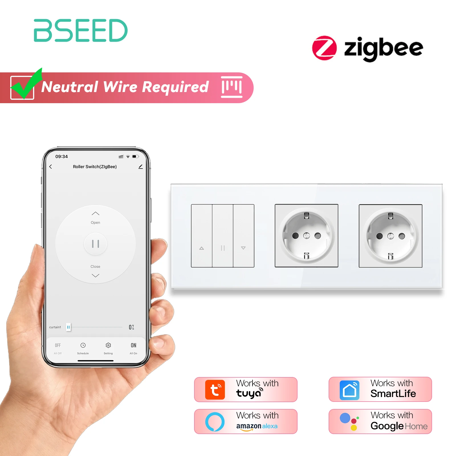 BSEED Zigbee Shutter-Schalter-Serie: Intelligente Wand-Klickschalter mit gelber Hintergrundbeleuchtung, Glasrahmen, Tuya APP, Rollenschalter, EU-Wandsteckdosen 9