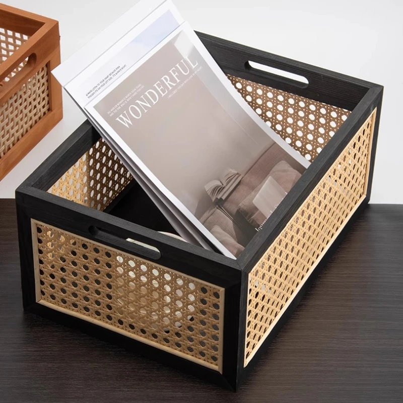 

Retro Rattan Basket Book Snacks Fruit Cosmetics Organizer Boxes Desktop Solid Wood Storage Box Home Bathroom Kitchen Baskets