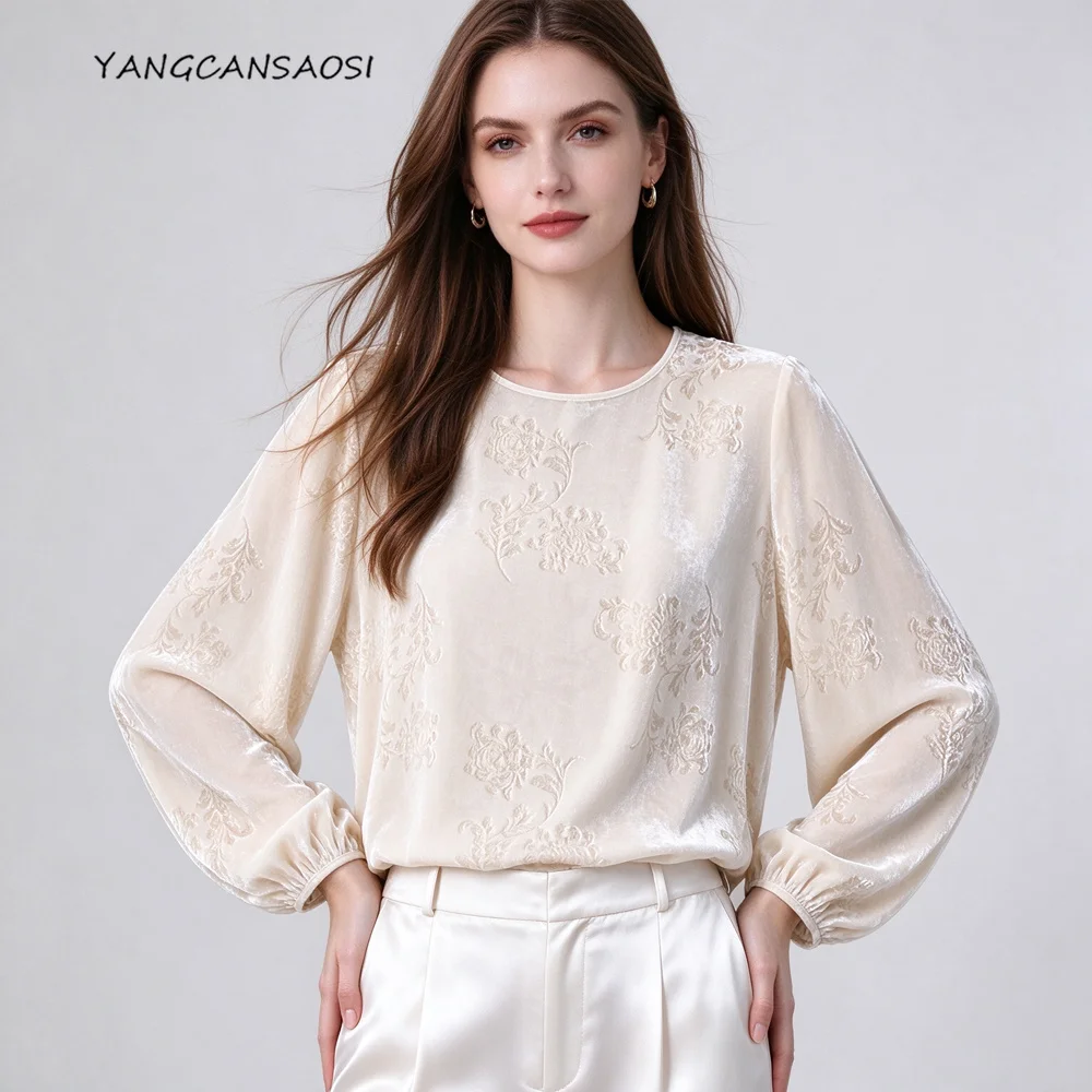 Off White Luxury Gold Wire Burnt Flower 30% Natural Mulberry Silk Velvet Round Neck Long Sleeved Women's Fashionable T-shirt