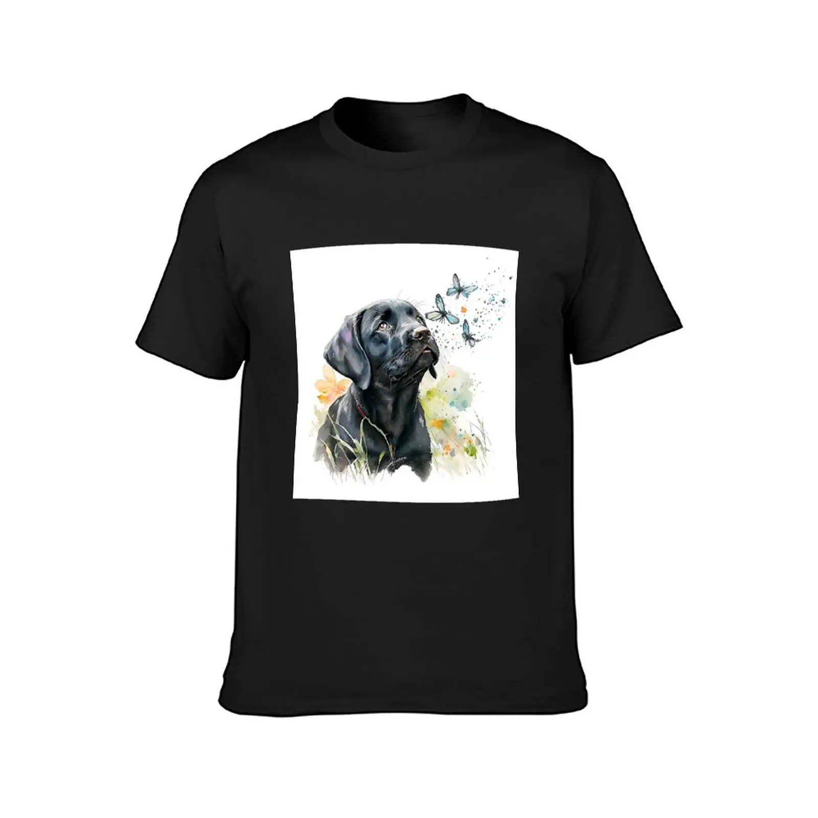 Watercolor Black Labrador Puppy Playing With Butterflies Illustration T-Shirt korean fashion sweat Blouse funny t shirts for men