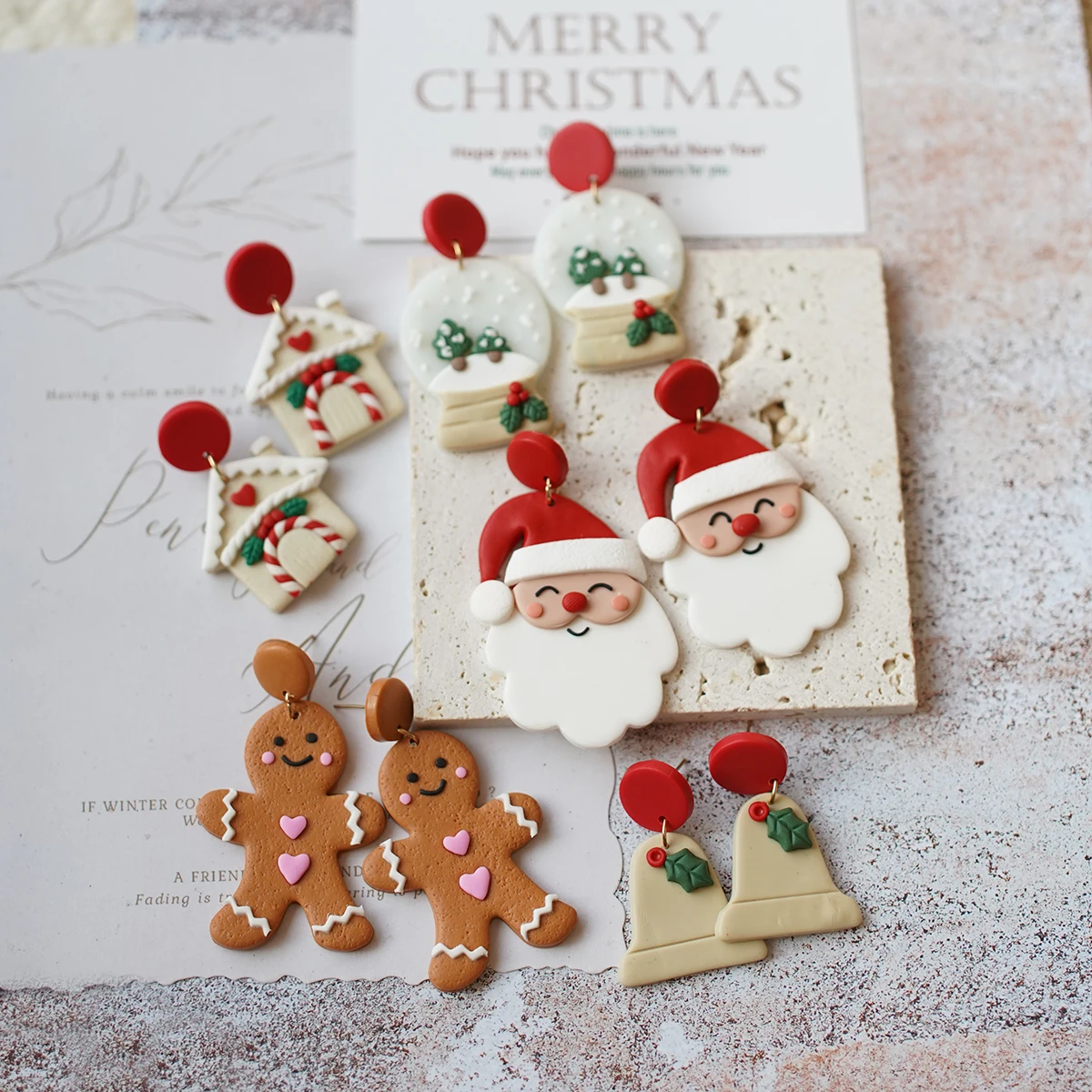 2024 Christmas Winter Holiday Santa Snowman Bell Gingerbread Multi Shapes Polymer Clay Earrings  Celebration Accessories Gifts