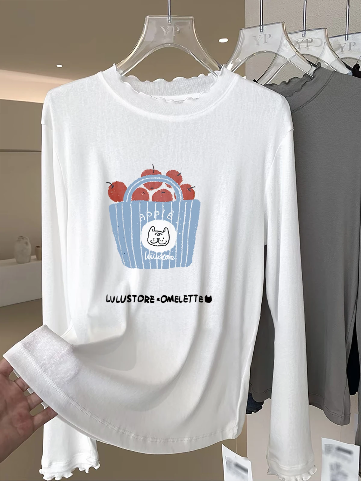 Korean Style Long Sleeve T-Shirt Women's Simple Print Layering Skin-friendly Comfortable Base Shirt Trendy Wood Grain 