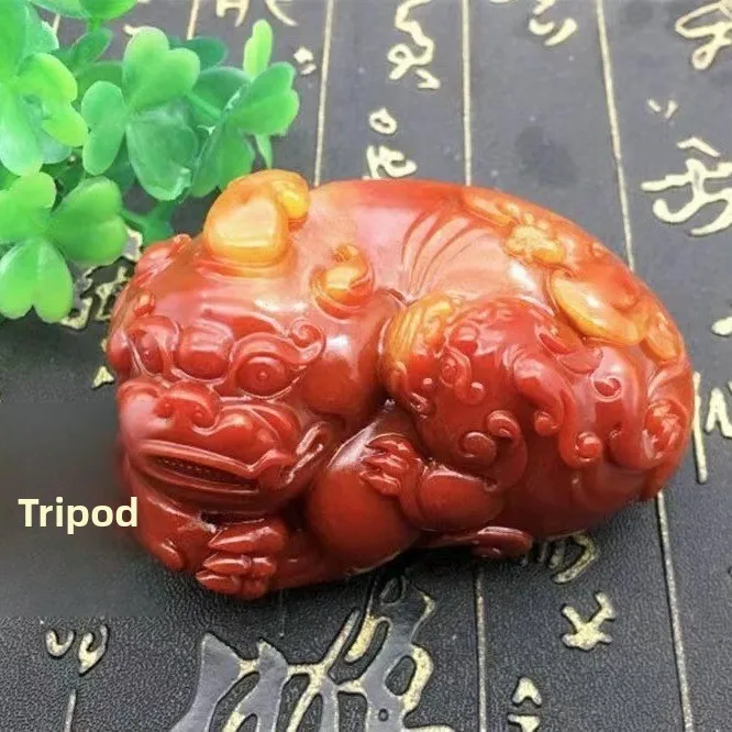 Exquisite Carved Chinese Feng Shui Lucky Mother Son Pixiu Handheld Ornament Imitation Shoushan Stone Yellow Dragon Jade Attract