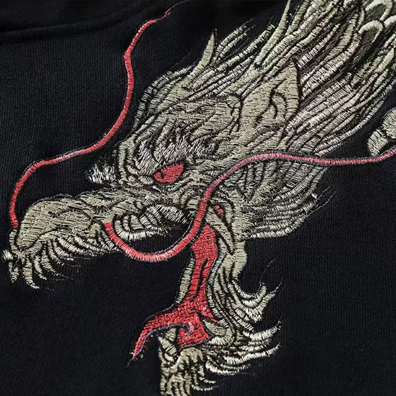 Dragon Embroidery Men 100% Cotton Black Hoodies Chinese Style Unisex Hooded Sweatshirts Casual Hoody