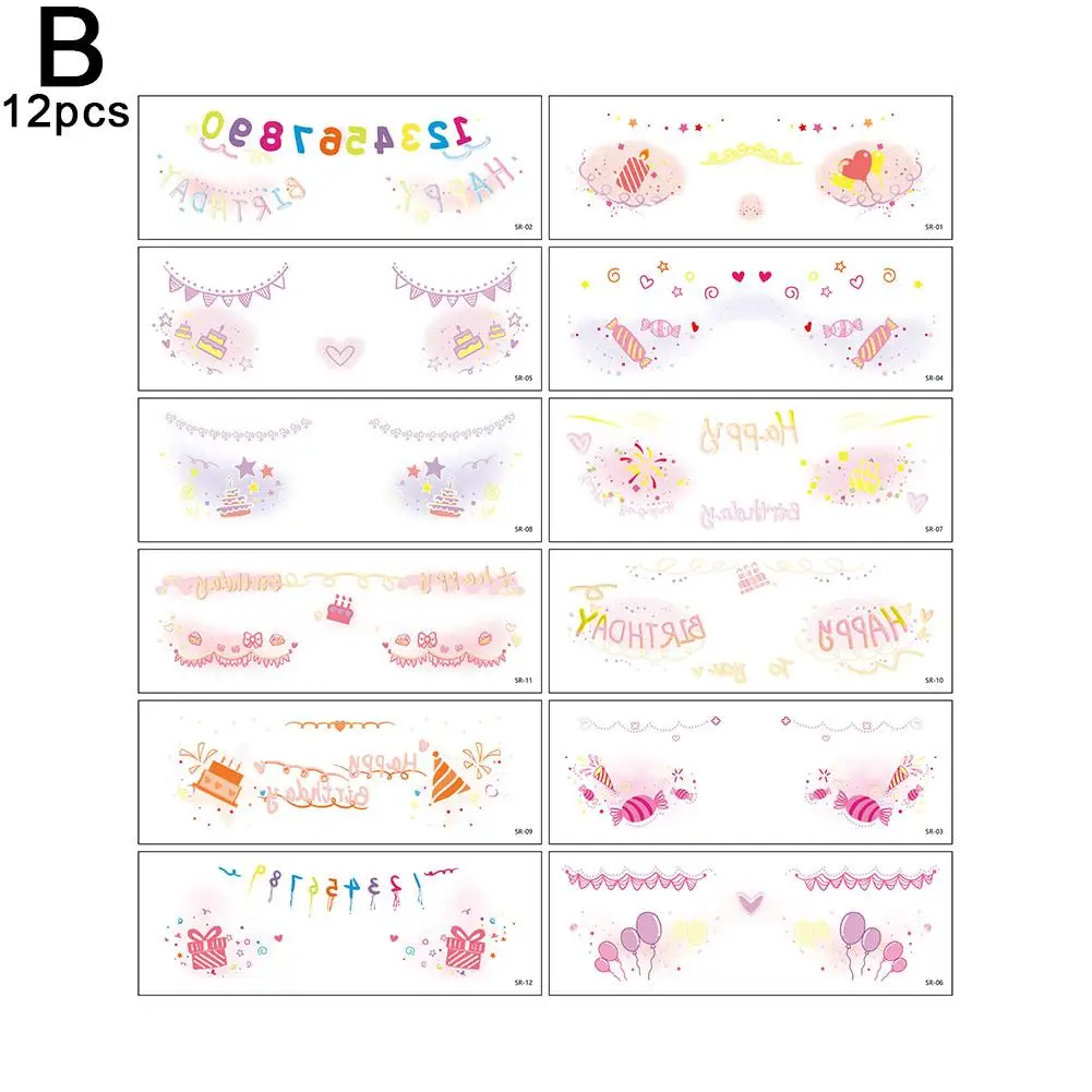 Pegatinas de maquillaje para la cara, pegatinas de tatuaje temporal para Año Nuevo, cumpleaños, música, pegatinas para el cuerpo y la cara, 12 Uds. De parches Q9e0