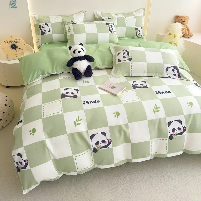 

Cute Panda Duvet Cover Set Sage Green Plaid Thick Bedding Cartoon Bamboo Animals Comforter Covers for Kids Adults Bedroom Decor